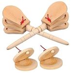 OFFSCH 4pcs Orff Musical Instrument Wooden Three Castanets with Handle 2pcs+wooden Round Dance Board 2pcs (log Color Wood Castanets with Handle Finger Castanets Percussion Castanets Mini