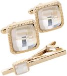 Vittorio Vico Men's Colored Crystal Cufflink & Tie Bar Set in Gift Box (Clear/Gold, CS-048-G)