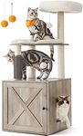 Feandrea Cat Tree with Litter Box Enclosure, 2-in-1 Modern Cat Tower for Indoor Cats, 52.8-Inch Cat Condo with Self Groomer, Scratching Posts, Washable Cushions, Greige UPCT115G01