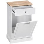 HOMCOM Tilt Out Trash Cabinet, Hidden Garbage Bin Cabinet with Drawer and Solid Wood Countertop, Free Standing Kitchen Trash Can Holder, White