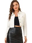 Allegra K Women's Casual Cropped Button Down Long Sleeves Basic Jean Denim Jacket, White, Small