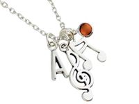 Personalised Music Note and Treble Clef Necklace, initial charm, birthstone crystal jewellery, silver plated or sterling silver, Music Jewellery instrument pianist teacher musical singer gift musician