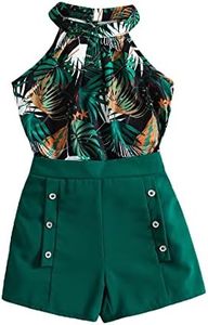 WDIRARA Girl's 2 Piece Outfits Floral Print Tie Neck Halter Top and Shorts Set Multicolored Green 5Y