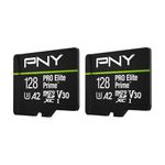 PNY 2 Pack 128GB Pro Elite Prime Class 10 U3 V30 A2 microSDXC Card + SD Adapter - Up to 200MB/s, Class 10, U3, V30, A2, 4K UHD, Full HD, UHS-I