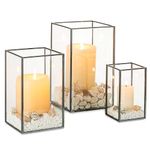 NUPTIO Glass Hurricane Candle Holder: 3 Pcs Black Lanterns Geometric Pillar Candles Holder Decorative Lantern Centerpiece for Outdoor & Indoor Halloween Holiday Fireplace Decor 8.1 & 6.5 & 4.7 inch