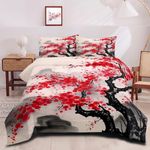 CCoutueChen Japanese Cherry Blossom Comforter Set King Size Red Floral Bedding Set Chinoiserie Bedding Sets Vintage Flower Comforters 3 Piece Soft Lightweight Microfiber Comforter for Girls Boys Teens