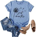 Womens Just Breathe Shirt Dandelion Graphic T Shirt Casual Summer Letter Print Shirts, A-light Blue, Medium