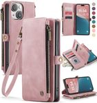 Defencase iPhone 15 Plus Case, iPhone 15 Plus Wallet Case for Women and Men, RFID Blocking PU Leather Magnetic Buckle Flip Strap Zipper Card Holder Wallet Phone Cases for iPhone 15 Plus 6.7", Pink