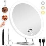 30X Magnifying Mirror with Lights, Large 6'' Makeup Magnifying Mirror, Lighted 30x Magnification High Magnifying Mirror, 30x Travel Magnifying Mirror with LED Lights, 3 Suction Cups & Adjustable Stand