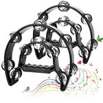 SENENQU 2PCS Black Double Half Moon Tambourine, Hand Percussion Cutaway Tambourine with Double Row Metal Jingles & Ergonomic Handle, Musical Instrument for Musicians Singers Bands KTV Party