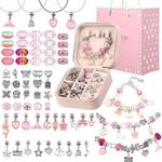 Charm Bracelet Making Kit - Girls 66 Pcs DIY Beaded Jewelry Making Kit, Girls Gifts Toys Crafts for Girls Ages 5 6 7 8-12, with a Portable Bracelet Organizer Box(Pink)