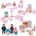 WOODMAM 26pcs Wooden Dollhouse Furniture Set with 4 Family Dolls, Pink Dollhouse Accessories for 4 Rooms, Pretend Play Furniture Toy, Birthday Gift for Girls Boys Age 3 4 5 6 Years Old