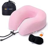 SAIREIDER Travel Neck Pillow 100% Memory Foam, Airplane Rest Prevents Head from Falling Forward, Plane Accessories with Storage Bag, Sleep Mask and Earplugs (Pink)