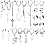 Kakonia 22 Pcs Dangle Earrings for Men Stainless Steel Hinged Huggie Hoop Earrings Punk Long Chain Stud Snake Feather Sword Cross Dangle Kpop Earrings for Men Black and Sliver Tone