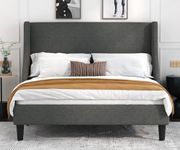 Allewie Full Size Bed Frame, Platform Bed Frame with Upholstered Headboard, Modern Deluxe Wingback, Wood Slat Support, Mattress Foundation, Dark Grey