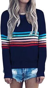 ECOWISH Women's Sweater Rainbow Colorful Striped Sweaters Long Sleeve Crew Neck Color Block Casual Pullover Blouse Tops Navy Blue Large