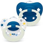 NUK Signature Night Baby Dummy | 18-36 Months | Soothes 95% of Babies | Heart-Shaped BPA-Free Silicone Soothers | Glow-in-The-Dark | Includes Case | Blue Stars | 2 Count