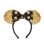 Disney Store Official Walt Disney World Minnie Mouse Ears Headband in Black and Gold, Disneyland Paris Accessories, Sequined Unisex Head Accessory with Bow for Adults - One Size