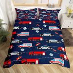 Cartoon Car Duvet Cover Set Police Car Decor Comforter Cover Fire Truck Bedding Set Emergency Responder Vehicles Bedspread Cover for Kids Boys Girls Single Size With 1 Pillow Case