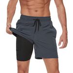 JustSun Mens 2 in 1 Running Shorts Compression Gym Workout Athletic Training Shorts with Zipper Pocket Quick Dry Waterproof Fitness Sport Shorts Grey L