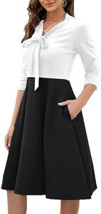 oxiuly Women's Vintage Bow Tie V-Neck Pockets Casual Work Party Cocktail Swing A-line Dresses OX278 (M, White Black PT7)