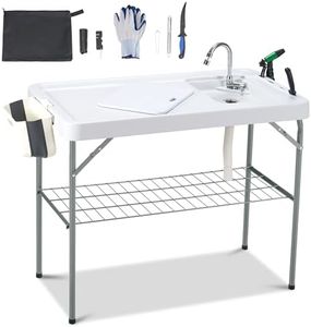 Dragosum Outdoor Sink Fish Cleaning Table Portable Camping Table with Faucet Hose Hook Up Grid Rack, Fish Fillet Camping Sink Table with 7pc Fish Cleaning Kit for Picnic Beach Patio(Grey)