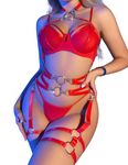 Aranmei Women's Lingerie Sets Sexy Underwear with Thigh Garter Choker Exotic Strappy Lingerie Sets(Red,M)