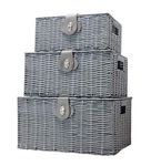 Vencier Set of 3 Resin Woven Wicker Storage Basket Box with Lid & Lock, Grey, Large, Medium, Small (Grey)