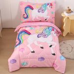 Wowelife 4 Piece Unicorn Toddler Bedding Set for Girls Rainbow Toddler Bed Sheets Sets Pink Toddler Comforter Set Kids Beg in A Bag with Comforter, Flat Sheet, Fitted Sheet and Pillowcase