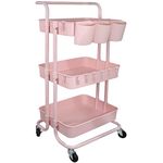 Freletry 3 Tier Rolling Utility Cart Multifunction Storage Organizer Shelf Rack with Lockable Wheels 3PCS Cups and 8PCS Hooks for Home Office Kitchen Bathroom Store (Pink)