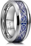 King Will 8mm Silver Tungsten Mood Rings, Men's Wedding Rings Dragon Celtic Inlay Beveled Edge Ring for Men Women, Comfort Fit, Hypoallergenic, Durable, Size 13