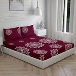 VAINE Premium Cotton 350 TC Elastic Fitted Bedsheets with 2 Pillow Covers | Double King Bed with All Around Elastic Wrinklefree Supersoft |Size-78 x72+10 inches | Maroon Flower