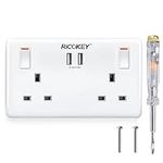 Double Plug Socket USB Switched Wall Socket with Dual Smart USB Charger 3.1A 15.5W Electrical Outlet 2 Gang 13 Amp Electric Power Socket, Easy to Install, White