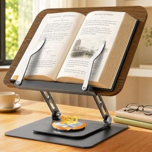 Aoviho Book Stand for Reading-Adjustable Wooden Book Holder with 360° Rotating Base, Foldable Ergonomic Design, Stable Support for Textbooks, Cookbooks, Tablets & Recipe Books, Gray