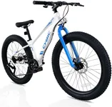 CYBIC 24 inch Fat Tire Mountain Bike, Bicycle with High Carbon Steel Frame, Double Disc Brake 24 in Tire Fat Tire Bike with 7 Speeds as a Gift, White/Blue