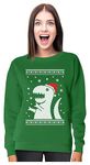 Big Trex Santa Sweatshirt Women Teen Girls Ugly Christmas Sweater Style X-Large Green