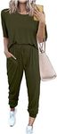 PRETTYGARDEN Women's Two Piece Outfit Short Sleeve Pullover with Drawstring Long Pants Tracksuit Jogger Set (Army Green,Medium)