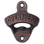 Jumiok Antique Copper Wall Mounted Bottle Opener, Wall Hanging Cast Iron Beer Cap Opener, Screw in Wall Beer Bottle Top Opener Open Here