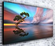 Lonely Reflections Morning Wall Décor Panoramic Canvas Wall Art Print Framed XXL 55 inch x 24 inch Ready to Hang Canvas Print - Landscape Photograph - Modern Art