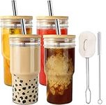 ALINK 4 Pack Glass Tumbler Cups with Bamboo Lids and Straws, 22oz Iced Coffee Cups-Reusable Mason Jar Drinking Glasses for Bubble Tea, Beer, Smoothie