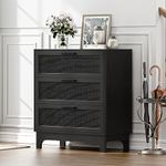 Anmytek Black 3 Drawer Dresser for Bedroom, Chest of 3 Drawers with Natural Woven Rattan, Rattan Dresser for Bedroom, Large Nightstand Dresser with 3 Spacious Drawers, H0096