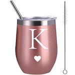 Calltoge Personalized Initial Gifts 12 Ounces Stainless Steel Wine Tumbler with Straw Brush Rose Gold Insulted Mug Wedding Bridesmaid Birthday Graduation Gift for Men Women Monogrammed Gift (K)