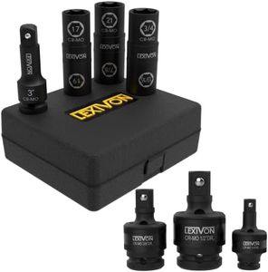 LEXIVON 6 Total Lug Nut Sizes. Cr-Mo Steel = Fully Impact Grade + Universal Joint Socket Swivel Set | 3-Piece Ball Spring Design 1/2", 3/8", and 1/4" U-Joint Drive