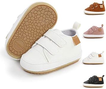 Meckior Toddler Baby Boys Girls High Tops Ankle Sneakers Soft Anti-Slip Sole PU Leather Moccasins Infant Newborn Prewalker First Walking Crib Shoes, A11/White, 6-12 Months Infant