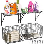 3IngSeagulls 2 Pack Laundry Room Shelves, Wire Baskets with 8 Hooks, Over Washer and Dryer Shelf, Wall Mounted Storage and Clothes Drying Rack, Black