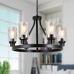 Lanhall 6-Light Farmhouse Chandelier Light Fixture Dining Room Lighting Fixtures Hanging Wagon Wheel Chandelier Kitchen Island Pendant Lights Modern Black Industrial Rustic Adjustable Height Metal