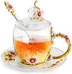 SHEEYEE Vintage Glass Tea Cup and Saucer Set with Lid and Spoon, Enamel Daisy Flower Coffee Mug with Decorative Handle, Elegant Tea Sets for Women, 330ml/11oz