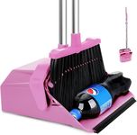Tiumso Broom with Dustpan Combo Set, 51'' Broom and Dustpan Set, Brooms and Dust Pan with Handle, Brooms with Standing Dustpans, House Broom for Pets Hair and Floor Cleaning - Pink
