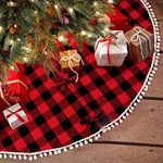 OurWarm 48 Inch Buffalo Plaid Christmas Tree Skirt Red and Black Buffalo Check Tree Skirt with Pom Pom, Double Layers Xmas Tree Skirt for Holiday Christmas Decorations