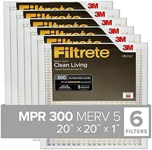 Filtrete 20x20x1 Air Filter, MPR 300, MERV 5, Clean Living Basic Dust 3-Month Pleated 1-Inch Air Filters, 6 Filters